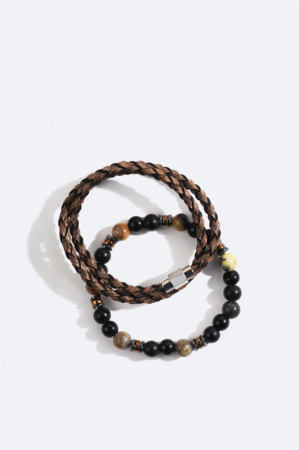 Vizon Deri Ceyt ve Hematit Taşlı Bileklik
