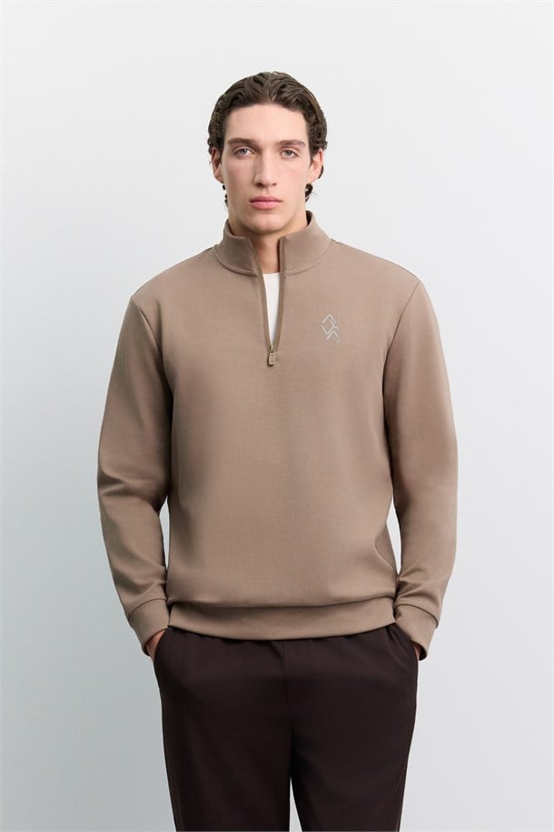 Vizon Dik Yaka Fermuarlı Baskılı Kolay Ütülenen Pamuklu Sweatshirt