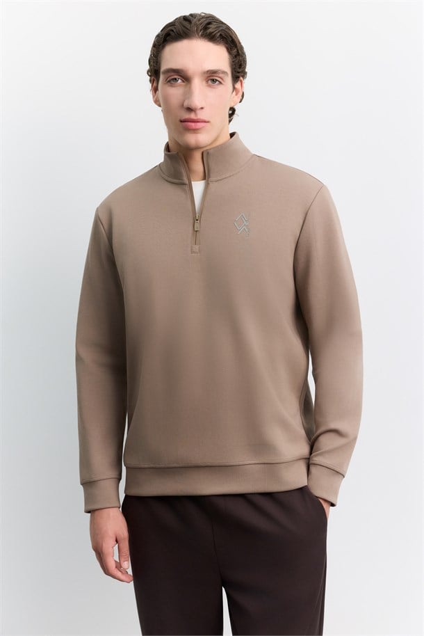 Vizon Dik Yaka Fermuarlı Baskılı Kolay Ütülenen Pamuklu Sweatshirt