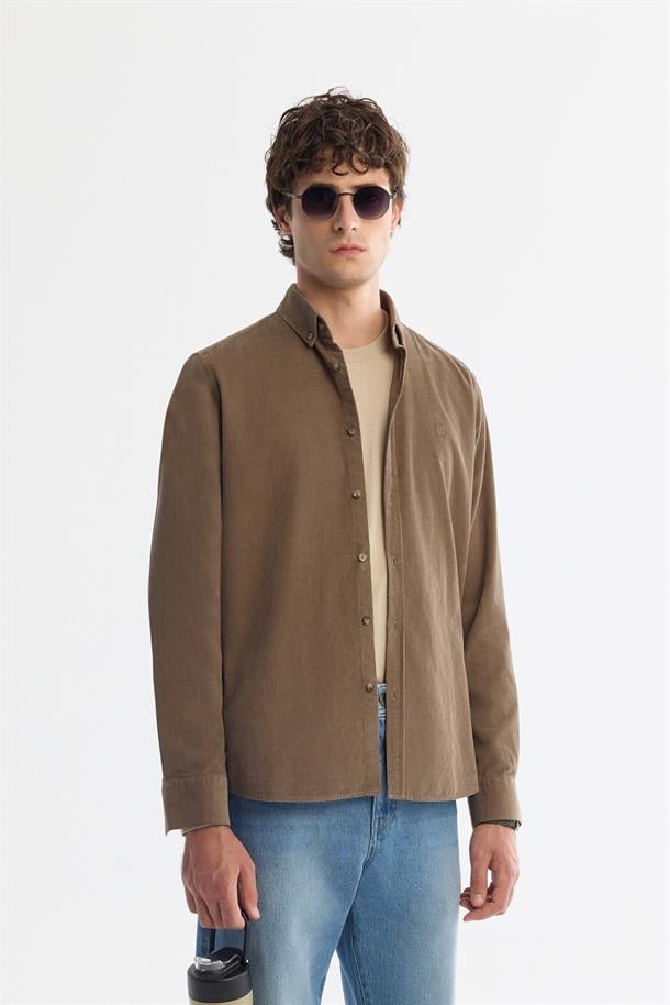 Vizon Düğmeli Yaka %100 Pamuk Soft Touch Kadife Gömlek