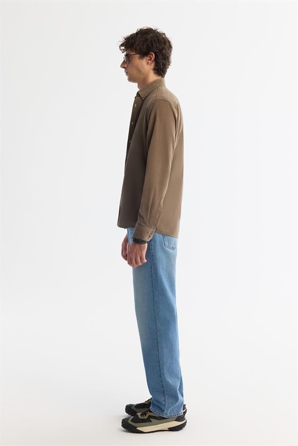 Vizon Düğmeli Yaka %100 Pamuk Soft Touch Kadife Gömlek