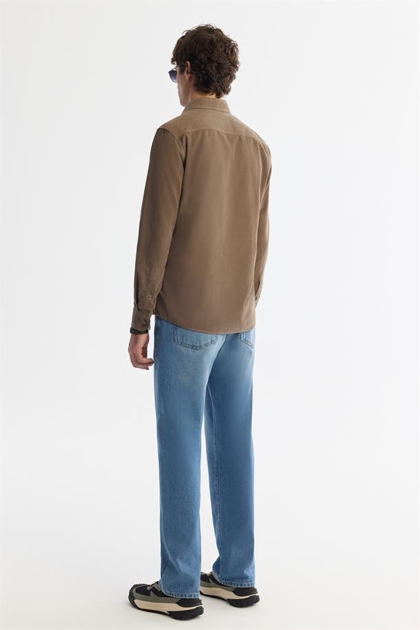 Vizon Düğmeli Yaka %100 Pamuk Soft Touch Kadife Gömlek