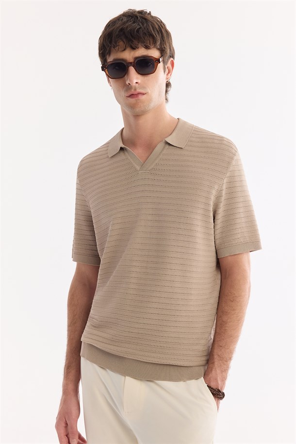 Vizon Polo Yaka Düğmesiz Dokulu Triko T-shirt