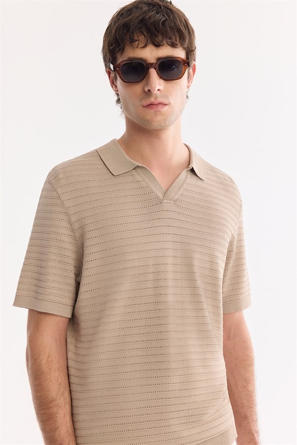 Vizon Polo Yaka Düğmesiz Dokulu Triko T-shirt