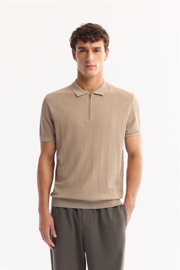 Vizon Polo Yaka Fermuarlı Rayon Tüylenmeyen Çizgili Triko T-shirt