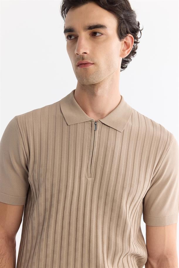 Vizon Polo Yaka Fermuarlı Rayon Triko T-Shirt