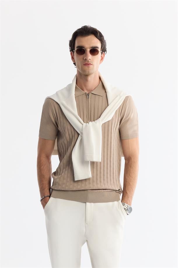 Vizon Polo Yaka Fermuarlı Rayon Triko T-Shirt