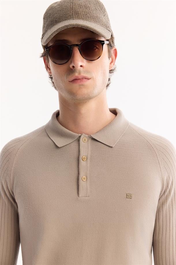 Vizon Polo Yaka Düğmeli Soft Touch Dokulu Triko Kazak