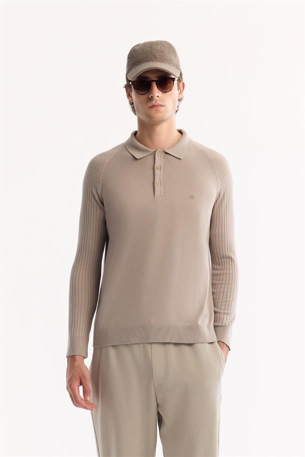 Vizon Polo Yaka Düğmeli Soft Touch Dokulu Triko Kazak