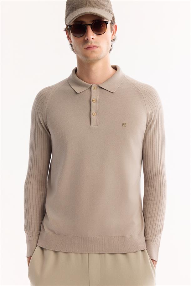 Vizon Polo Yaka Düğmeli Soft Touch Dokulu Triko Kazak