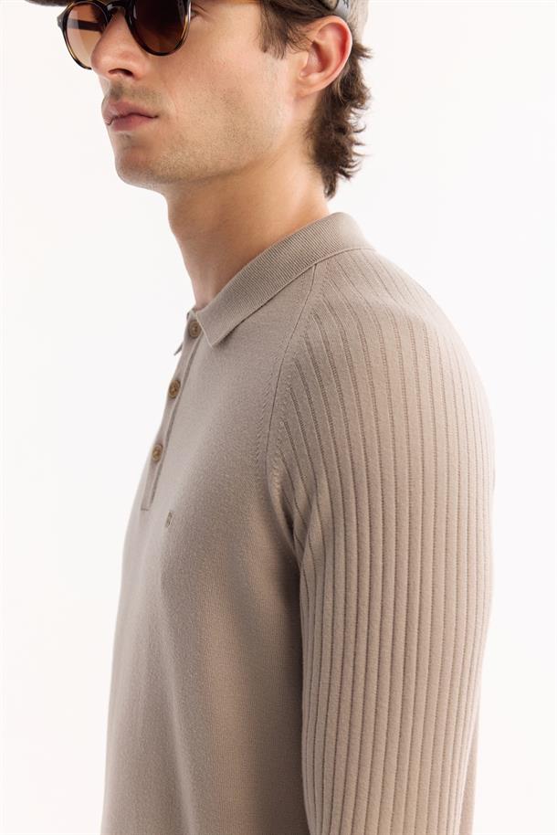 Vizon Polo Yaka Düğmeli Soft Touch Dokulu Triko Kazak