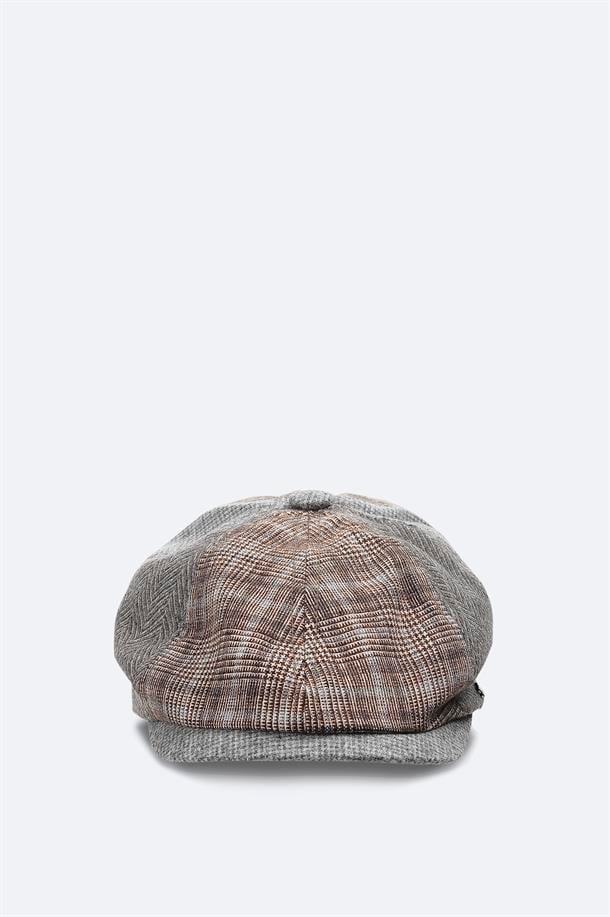 Vizon Yün Karışımlı Ekose Desenli Kasket Şapka