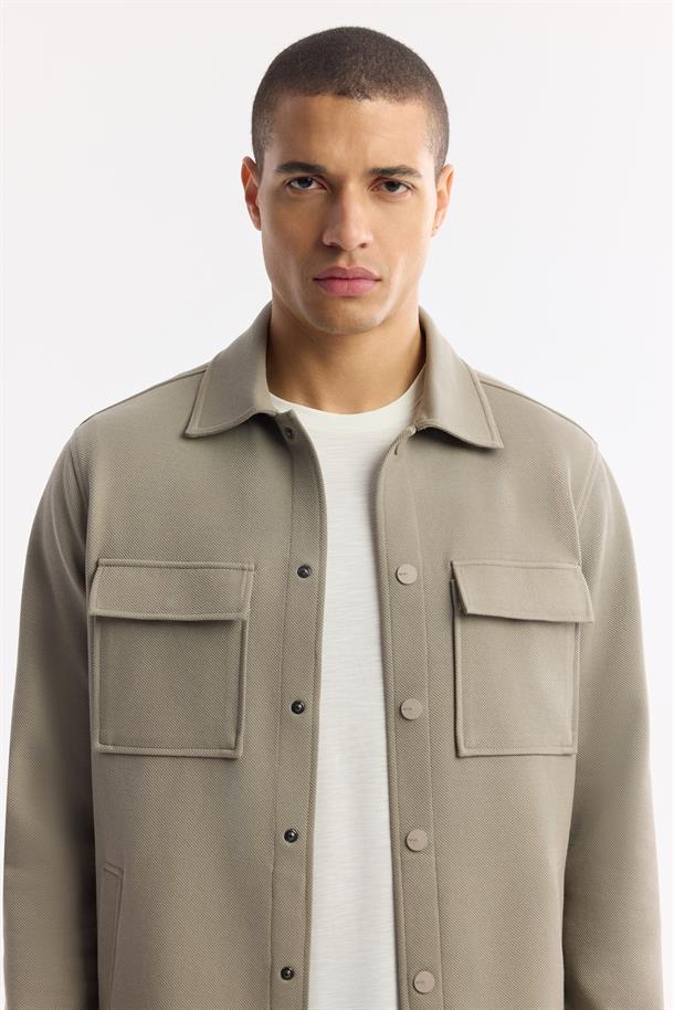 Yağ Yeşili Klasik Yaka Pamuklu Jersey Gömlek Ceket