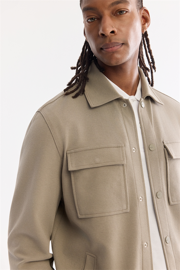 Yağ Yeşili Klasik Yaka Diyagonel Çift Cep Kapaklı Örme Gömlek Ceket