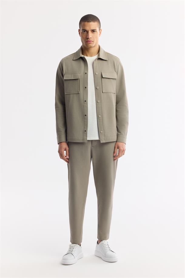 Yağ Yeşili Klasik Yaka Pamuklu Jersey Gömlek Ceket