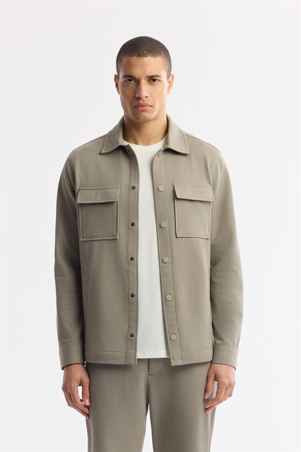 Yağ Yeşili Klasik Yaka Pamuklu Jersey Gömlek Ceket