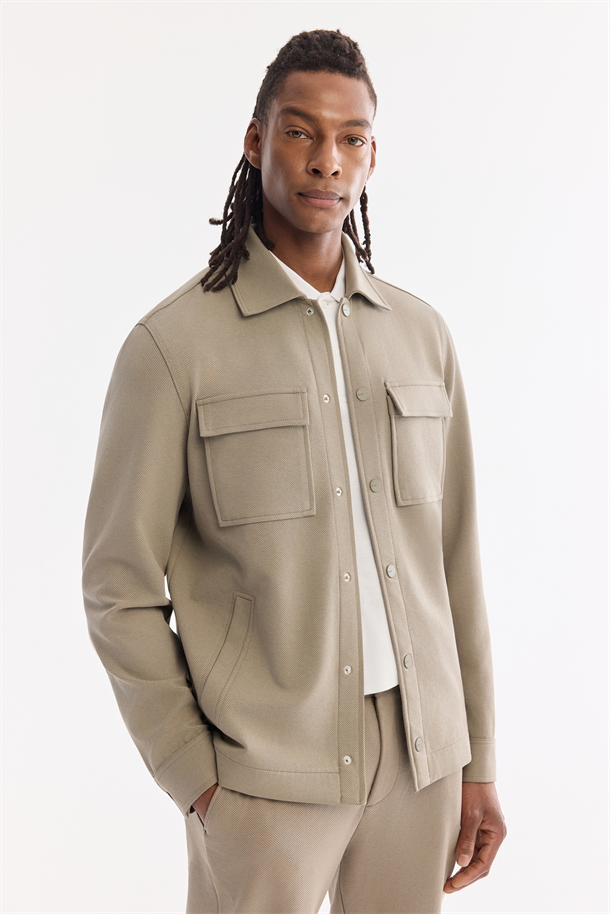 Yağ Yeşili Klasik Yaka Diyagonel Çift Cep Kapaklı Örme Gömlek Ceket