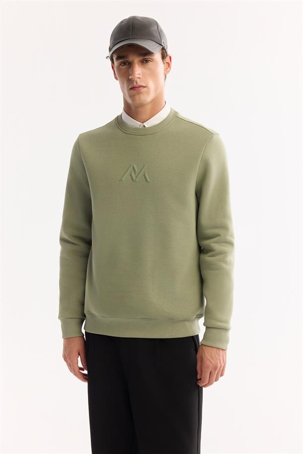 Yeşil Bisiklet Yaka Kolay Ütülenen Şardonlu Baskılı Sweatshirt