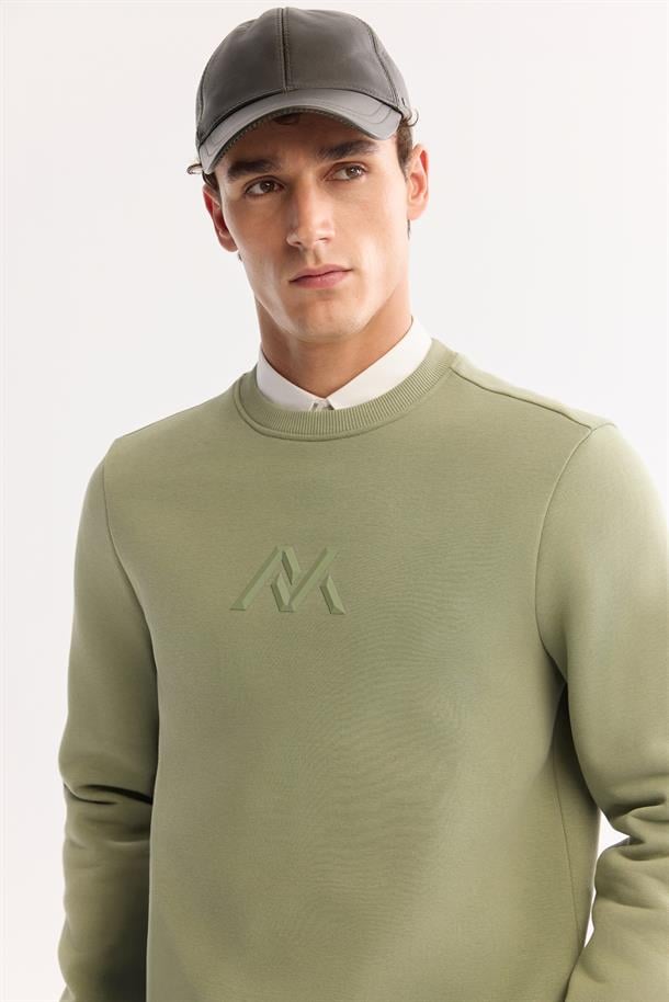 Yeşil Bisiklet Yaka Kolay Ütülenen Şardonlu Baskılı Sweatshirt