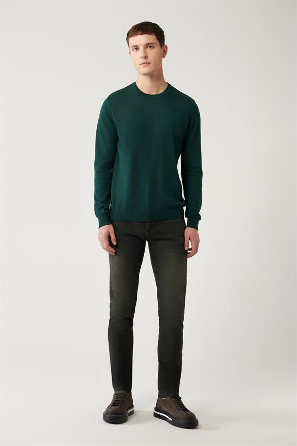 Yeşil Bisiklet Yaka Yün Karışımlı Triko Kazak