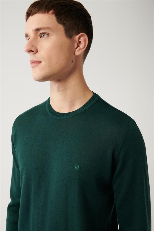 Yeşil Bisiklet Yaka Yün Karışımlı Triko Kazak