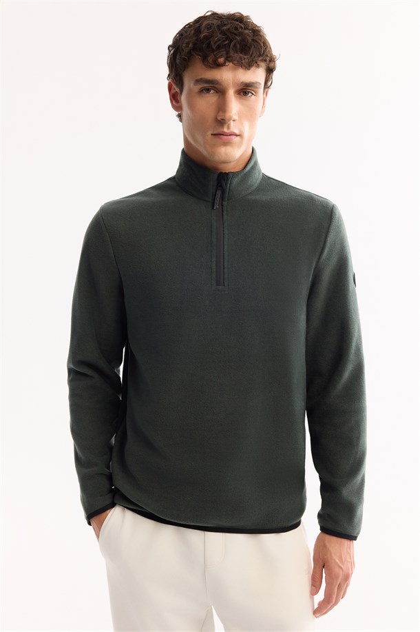 Yeşil Dik Yaka Fermuarlı Soft Touch Polar Sweatshirt