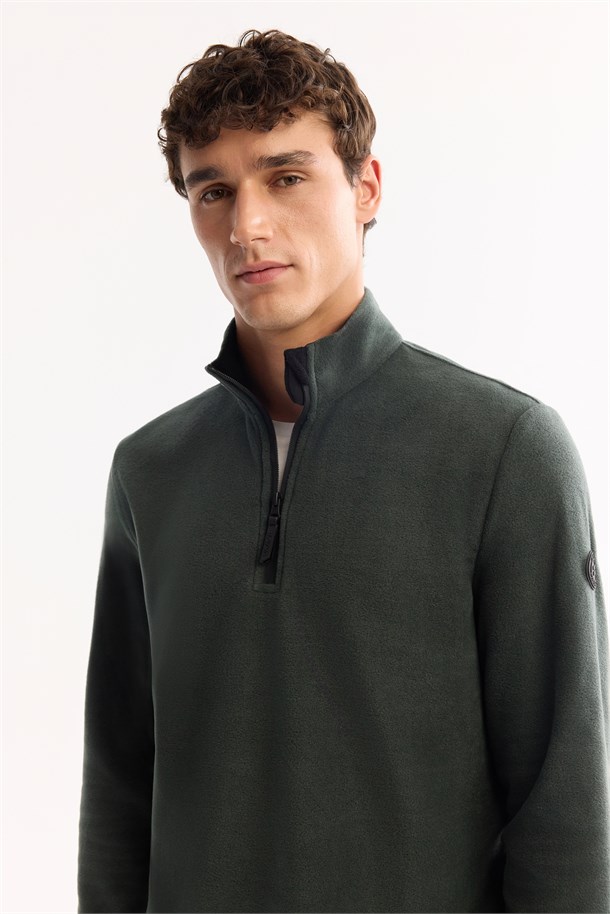 Yeşil Dik Yaka Fermuarlı Soft Touch Polar Sweatshirt