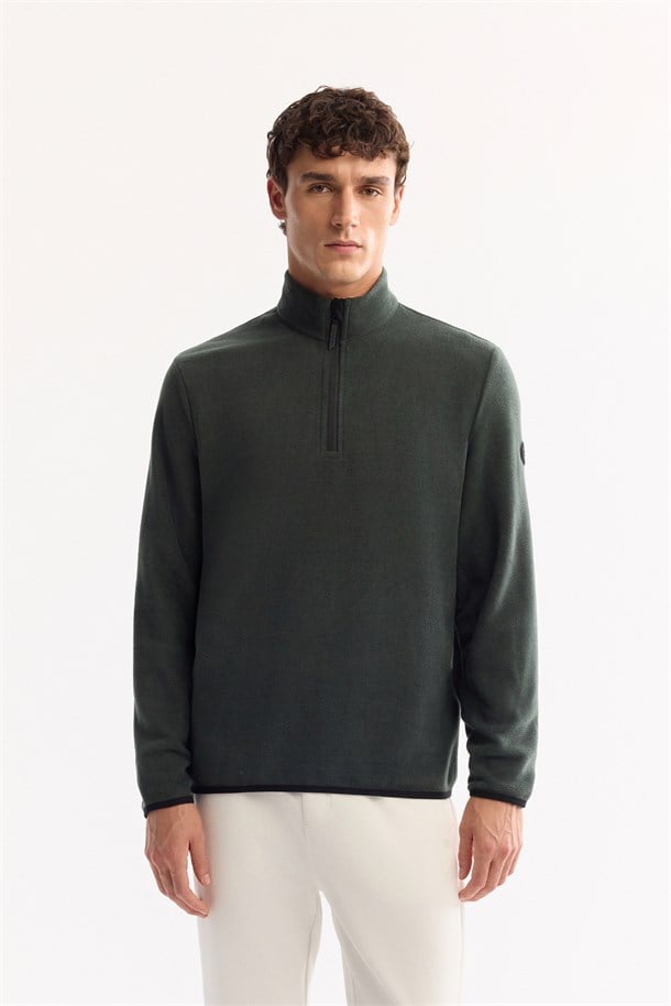 Yeşil Dik Yaka Fermuarlı Soft Touch Polar Sweatshirt