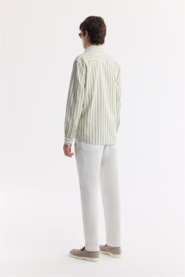 Yeşil Düğmeli Yaka Çizgili %100 Pamuk Gömlek