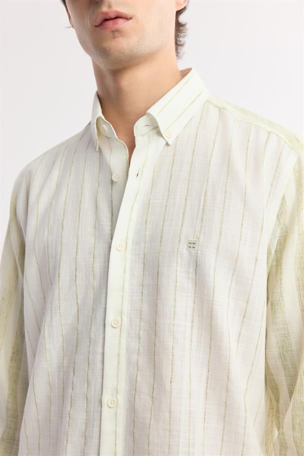 Yeşil Düğmeli Yaka Çizgili Keten Karışımlı Gömlek