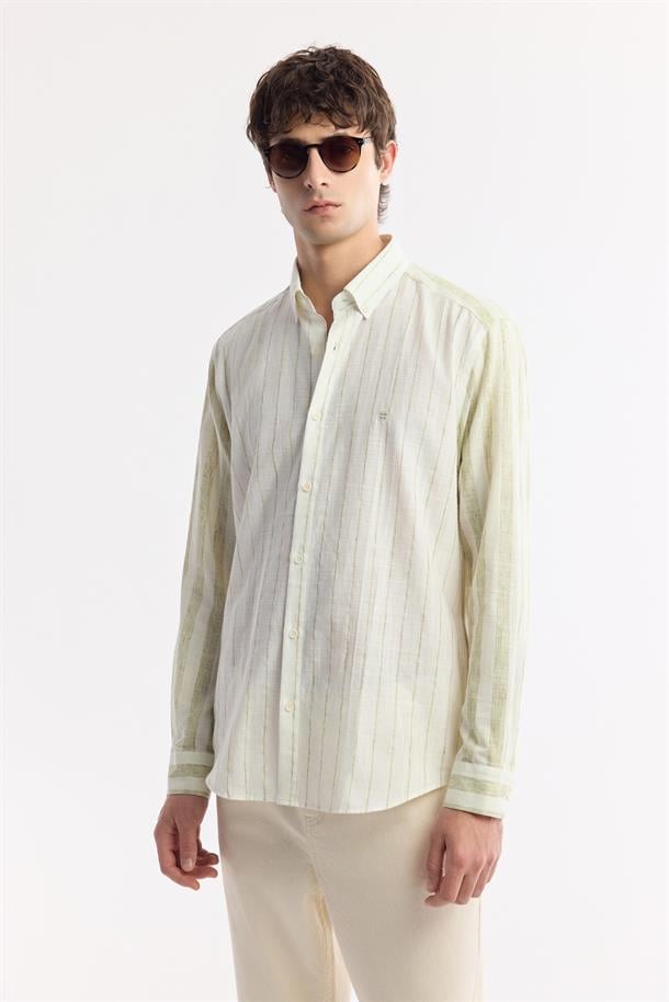 Yeşil Düğmeli Yaka Çizgili Keten Karışımlı Gömlek
