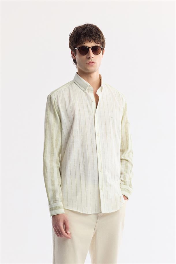 Yeşil Düğmeli Yaka Çizgili Keten Karışımlı Gömlek