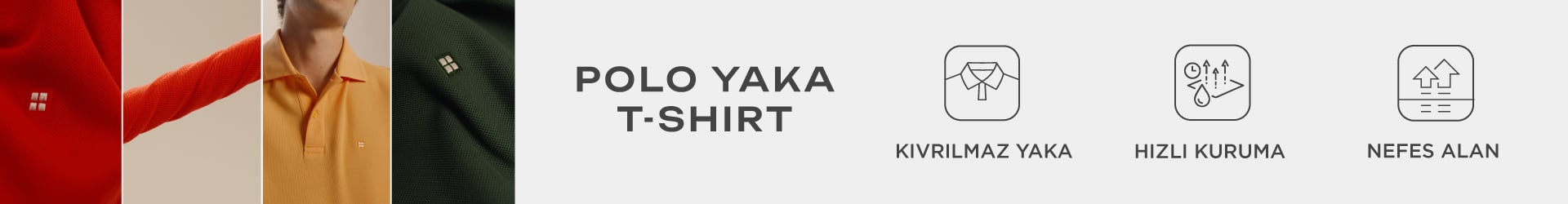 Avva erkek polo yaka t-shirt modeli ve ürünün kıvrılmaz yaka, hızlı kuruma, nefes alan kumaş özelliklerini gösteren renk seçenekli tanıtım görseli.