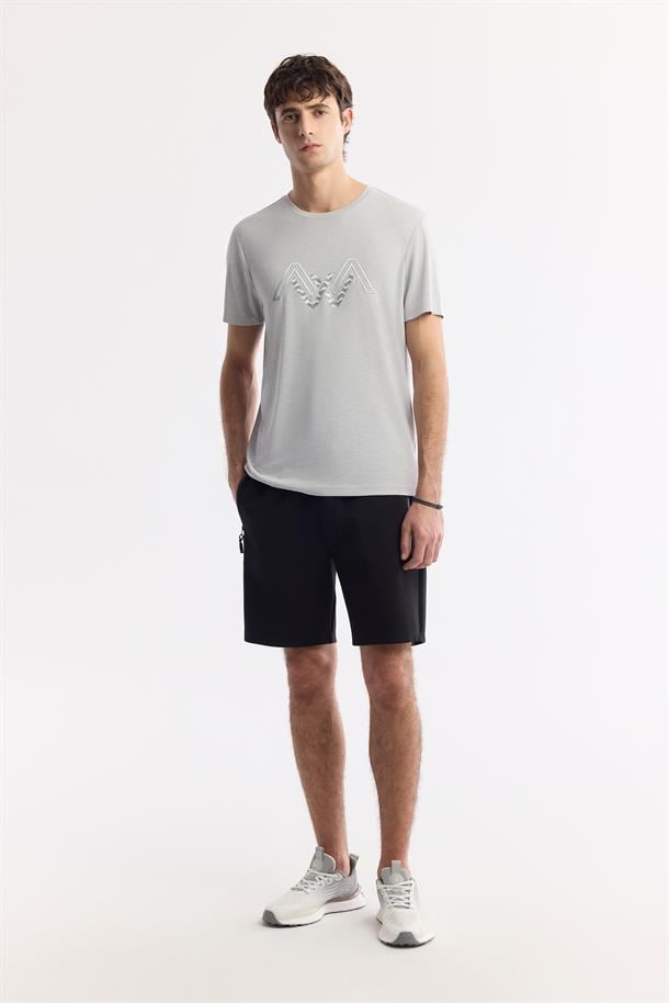 Açık Gri Bisiklet Yaka Baskılı Shoft Touch Flamlı T-Shirt