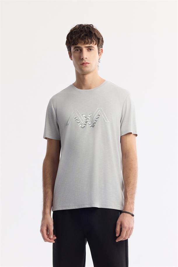 Açık Gri Bisiklet Yaka Baskılı Shoft Touch Flamlı T-Shirt