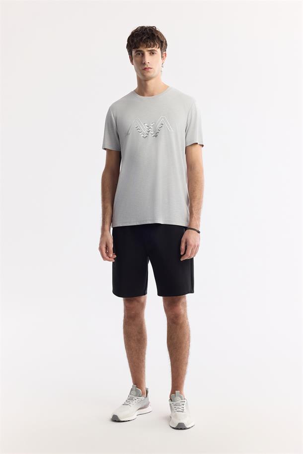 Açık Gri Bisiklet Yaka Baskılı Shoft Touch Flamlı T-Shirt