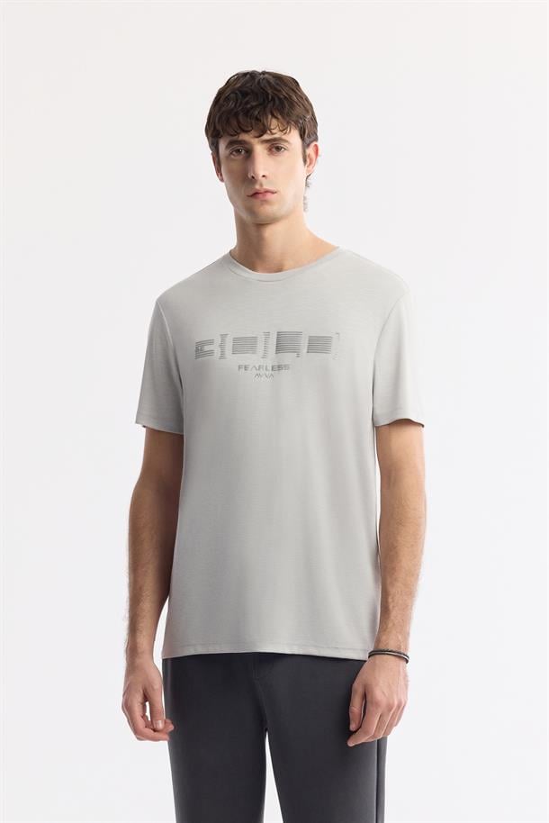 Açık Gri Bisiklet Yaka Baskılı Shoft Touch Flamlı T-Shirt