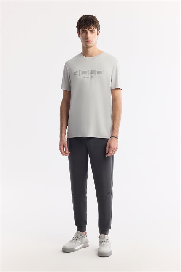 Açık Gri Bisiklet Yaka Baskılı Shoft Touch Flamlı T-Shirt