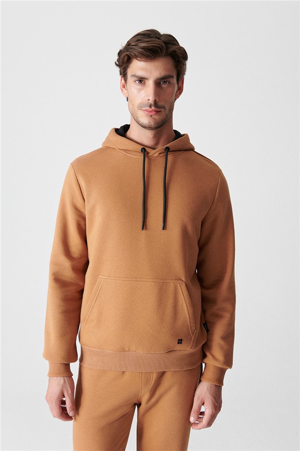 Açık Kahve Kapüşonlu Yaka Düz Sweatshirt