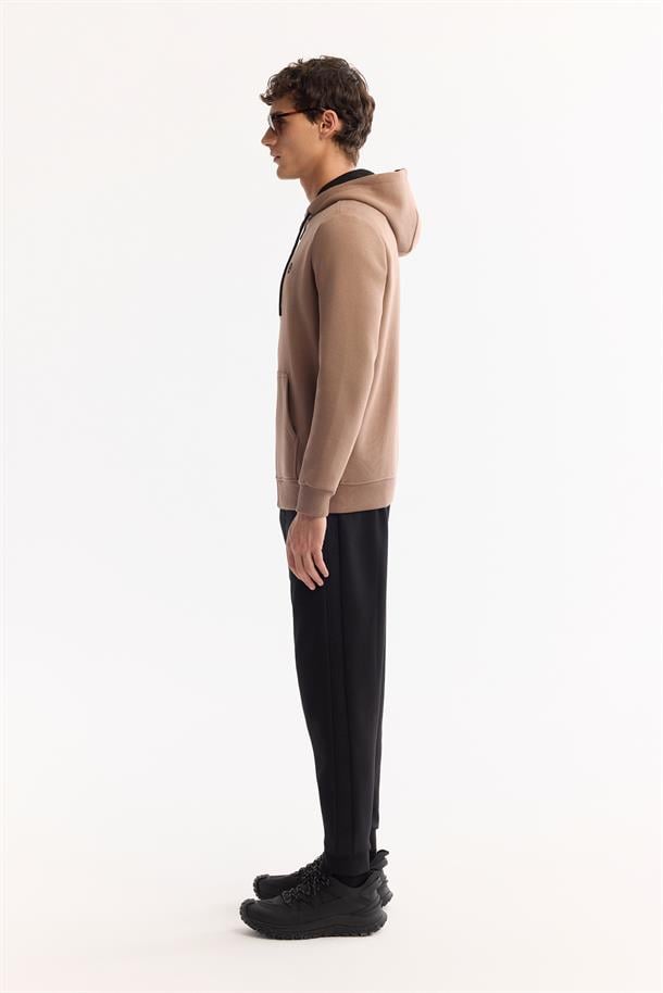 Açık Kahverengi Kapüşonlu 3 İplik Şardonlu Fermuarlı Sweatshirt