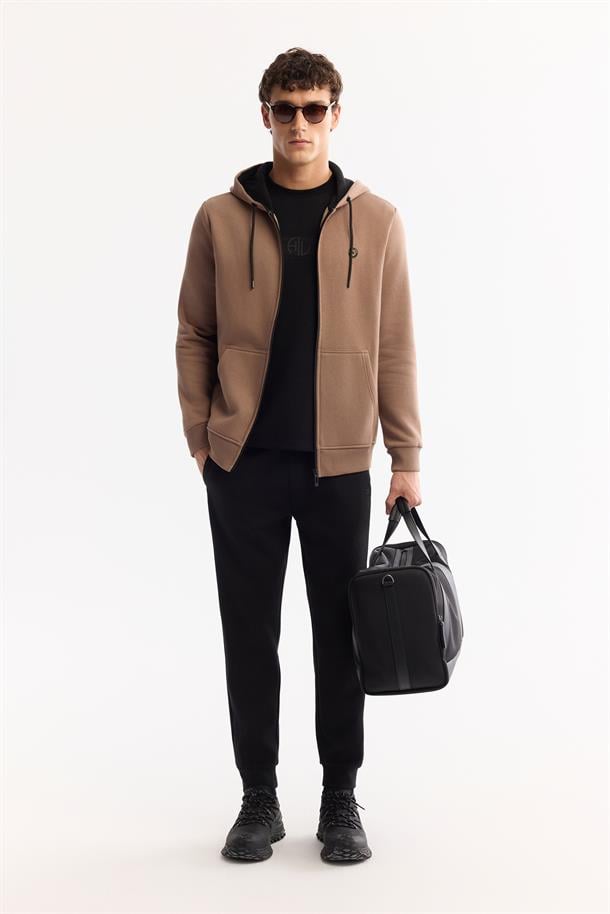 Açık Kahverengi Kapüşonlu 3 İplik Şardonlu Fermuarlı Sweatshirt