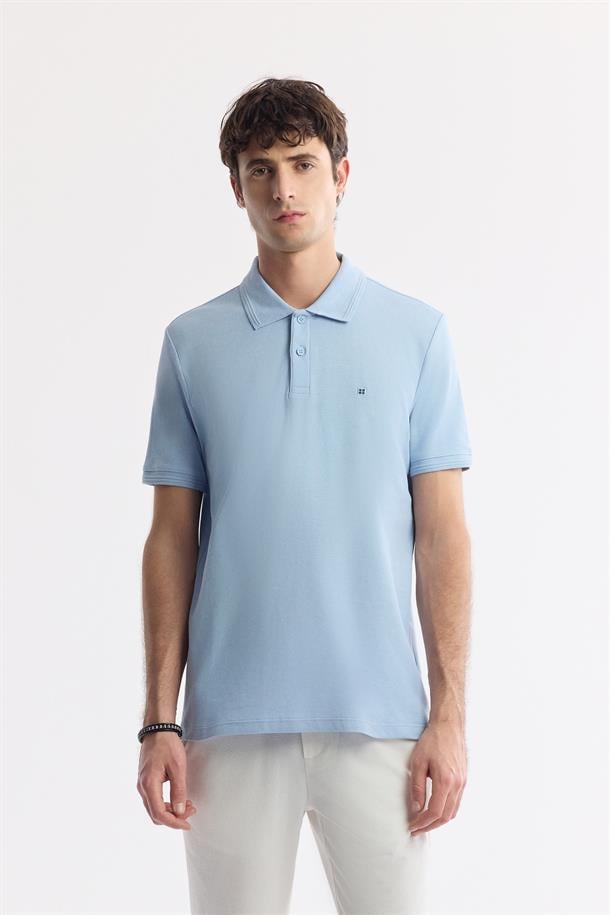 Açık Mavi %100 Pamuk Hızlı Kuruyan Kıvrılmayan Polo Yaka T-Shirt
