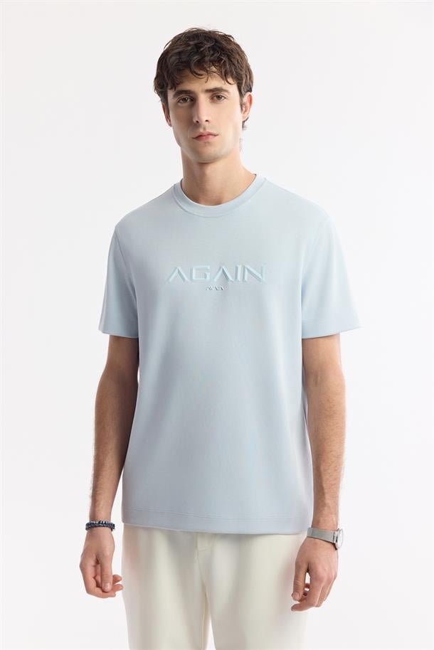 Açık Mavi Bisiklet Yaka Hologram Baskılı İnterlok T-Shirt