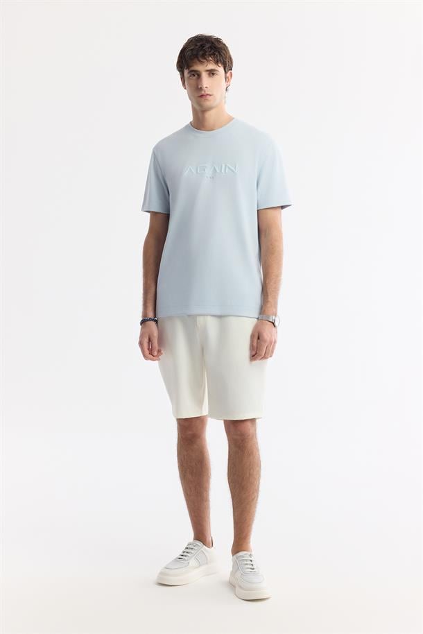 Açık Mavi Bisiklet Yaka Hologram Baskılı İnterlok T-Shirt