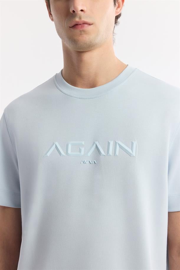 Açık Mavi Bisiklet Yaka Hologram Baskılı İnterlok T-Shirt