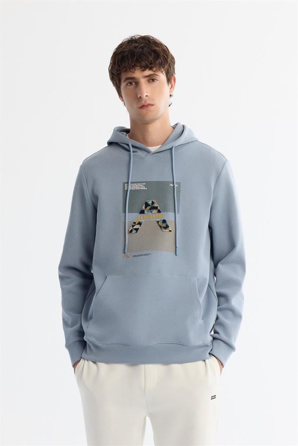 Açık Mavi Kapüşonlu Pamuklu Baskılı Elastan Sweatshirt