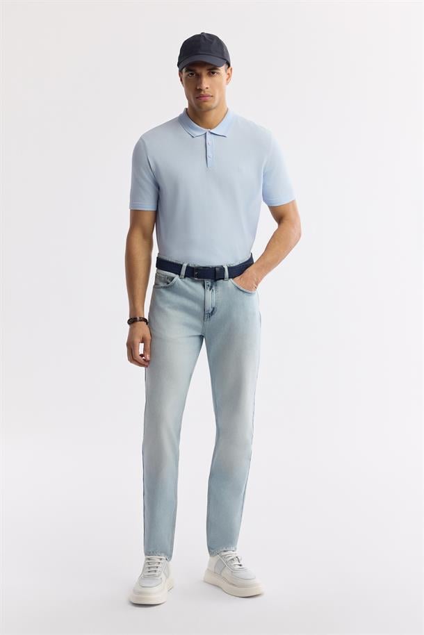Açık Mavi Polo Yaka Basic Rayon Triko T-shirt