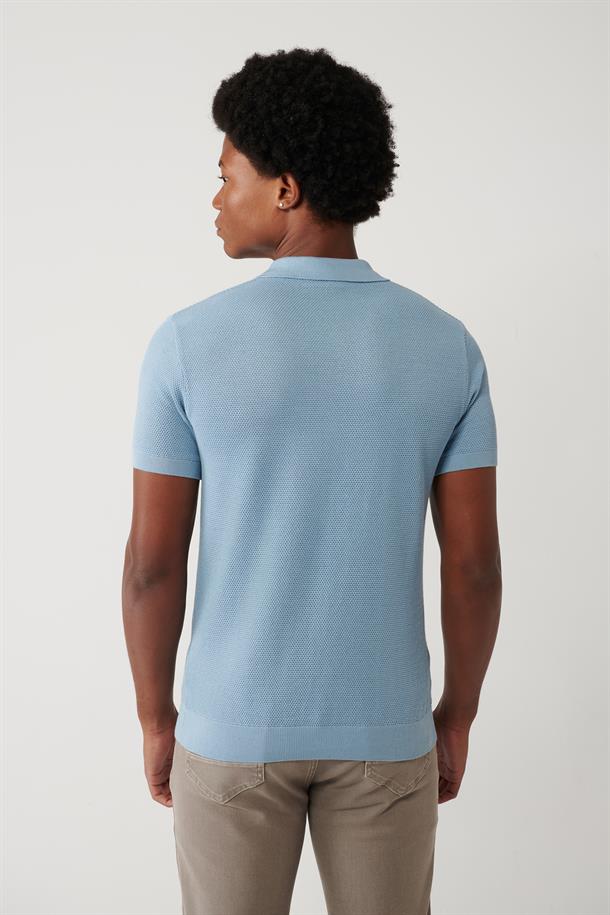 Açık Mavi Polo Yaka Dokulu Basic Triko T-shirt