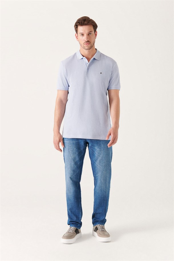 Açık Mavi Polo Yaka Slim Fit %100 Pamuk Basic T-Shirt
