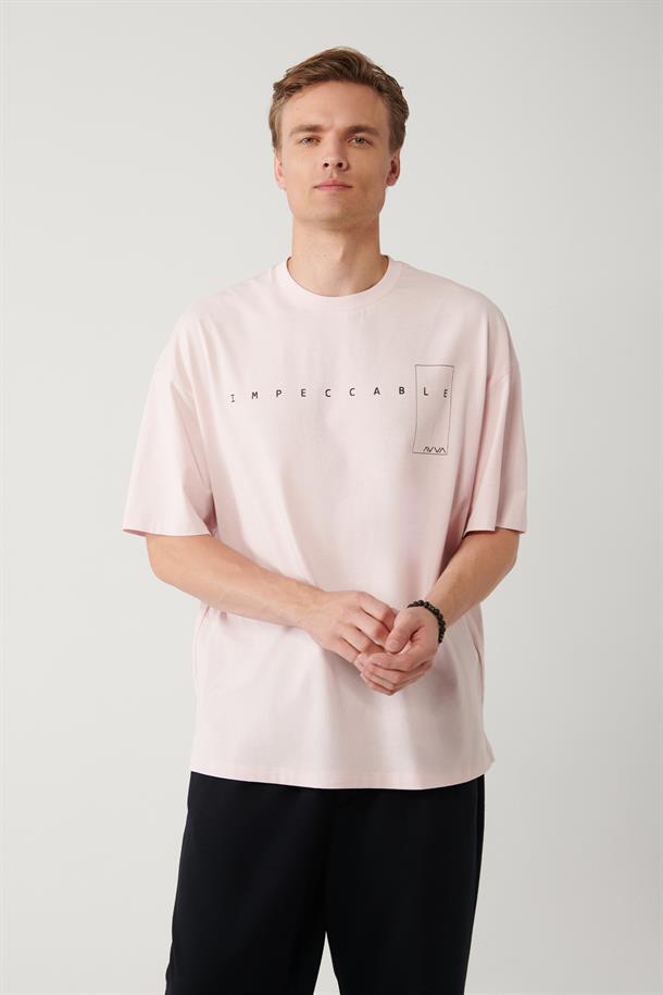 Açık Pembe Baskılı Bisiklet Yaka Oversize T-shirt